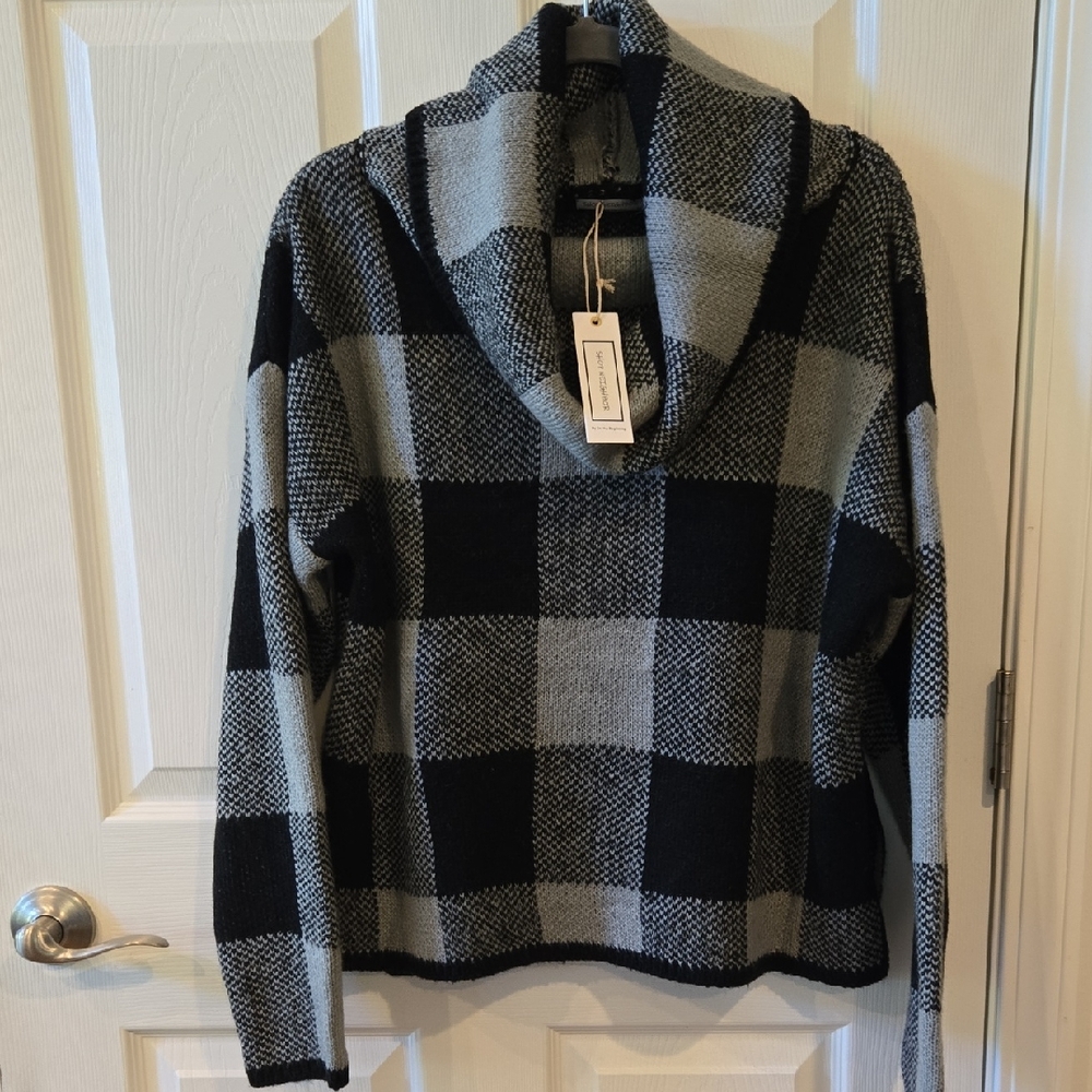 Plaid Cowl Neck Sweater - Black and Gray